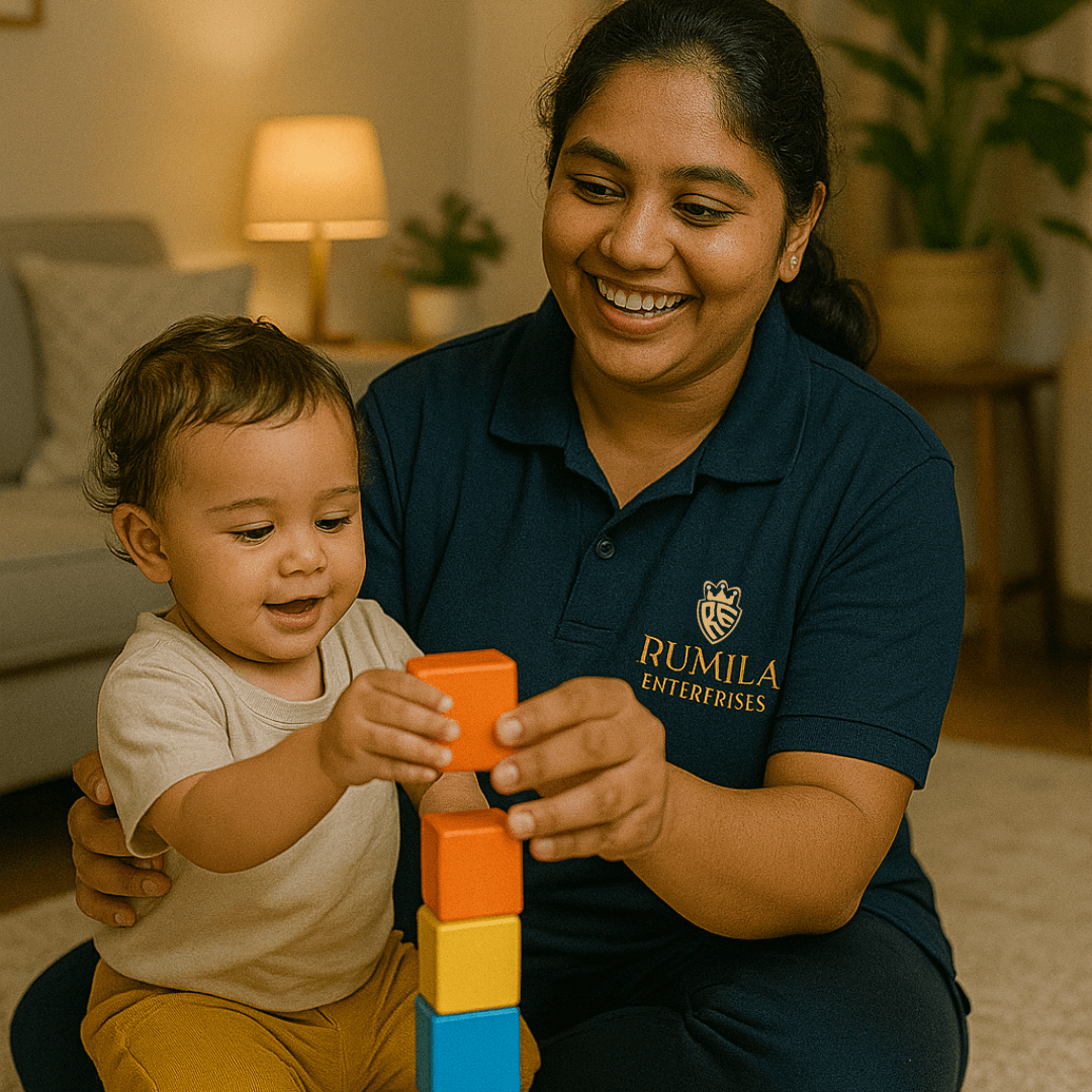 Trustworthy nanny caring for infant and toddler in Indian home