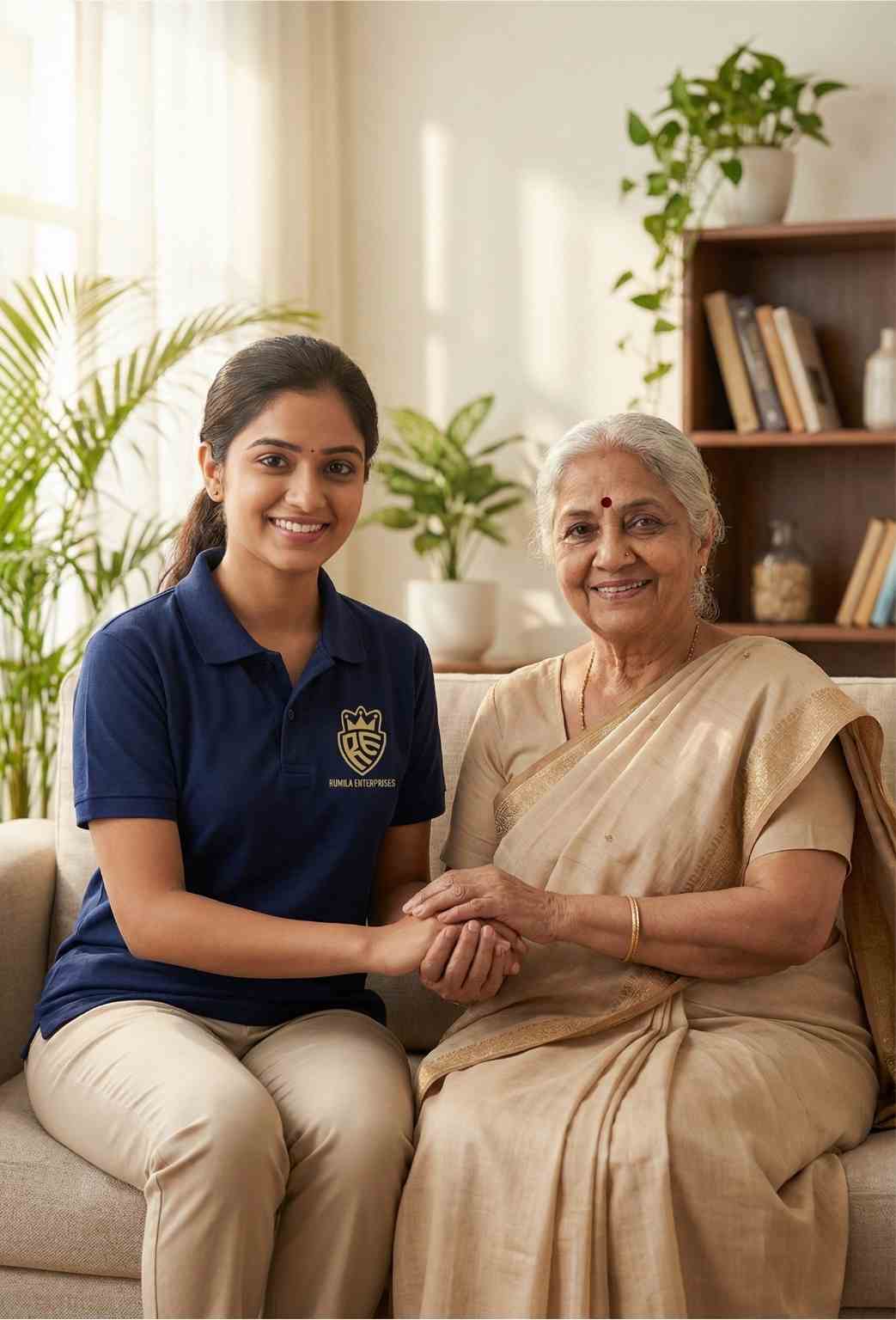 24 hour live-in elder care job showing caregiver attending a senior citizen at home in Faridabad