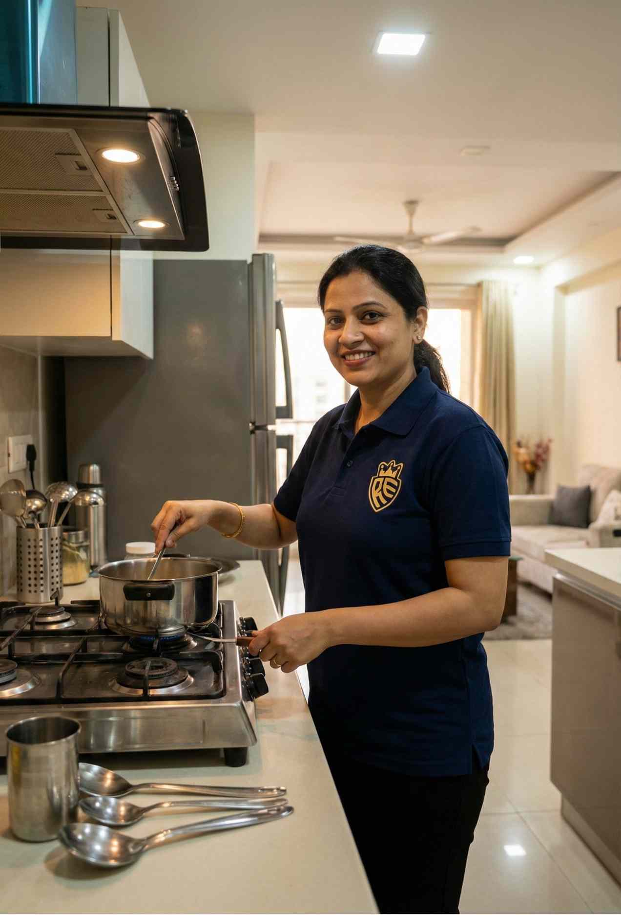 Live-in cook job in Gurugram working in a clean modern kitchen for a respectful family via Rumila Enterprises