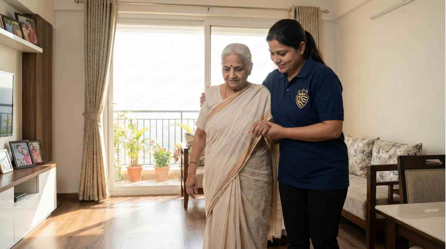 Female caregiver assisting elderly patient in Ghaziabad home
                    