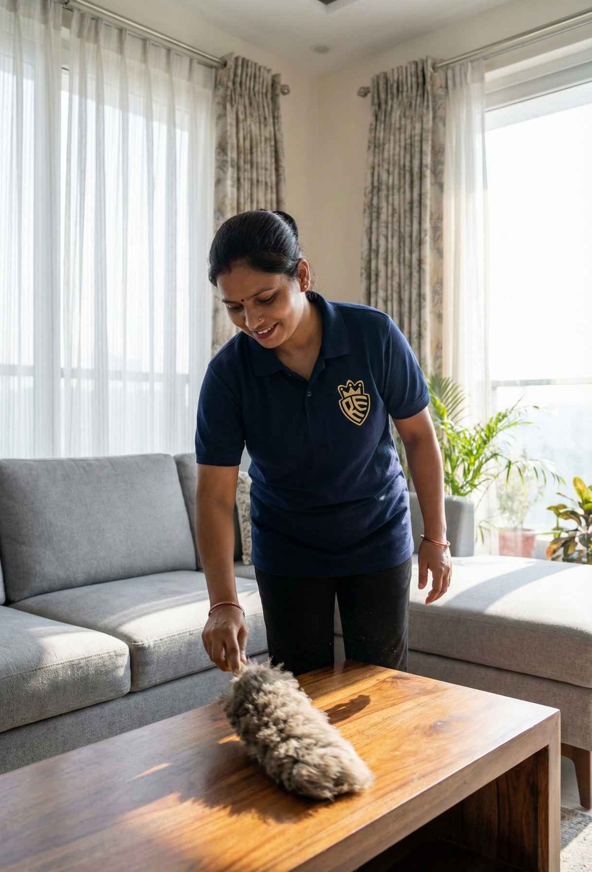 Professional live-in house maid cleaning and dusting inside Delhi residence