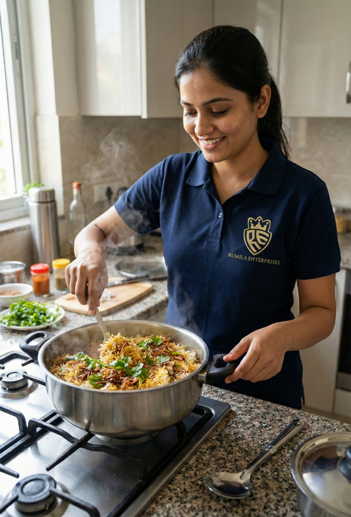 Live-in cook in Ghaziabad preparing healthy food in apartment kitchen