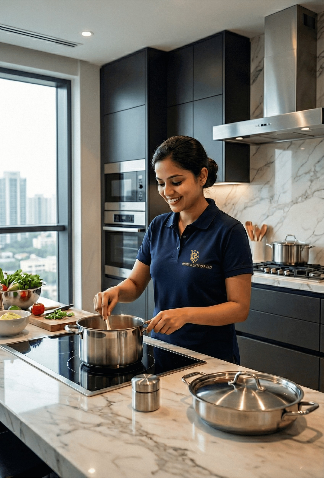 Professional live-in cook preparing healthy meals in Gurgaon home kitchen
