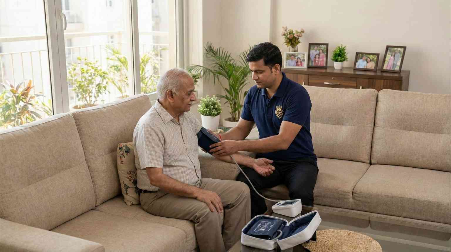 Medical patient care attendant checking blood pressure of an elderly patient at home in Faridabad