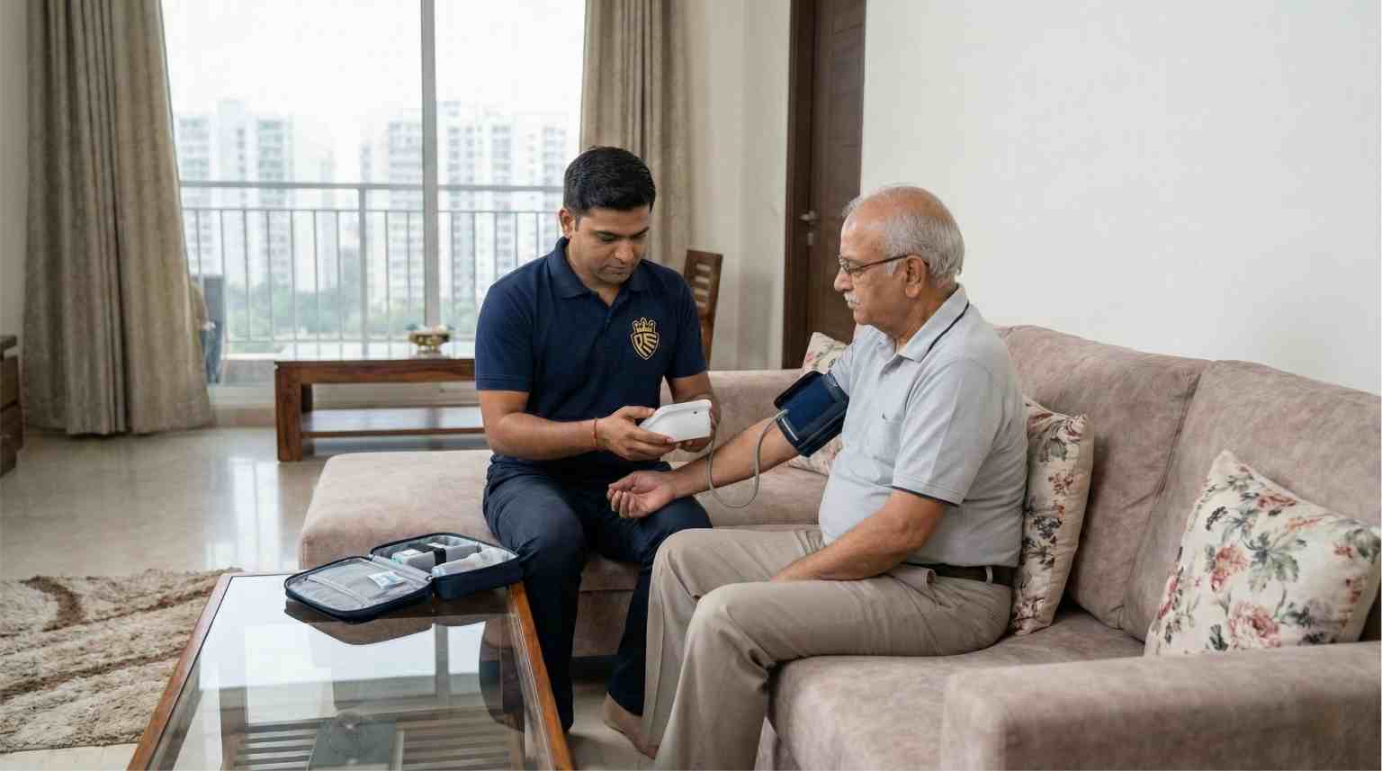 Medical patient care attendant in Gurugram checking blood pressure of elderly patient at home