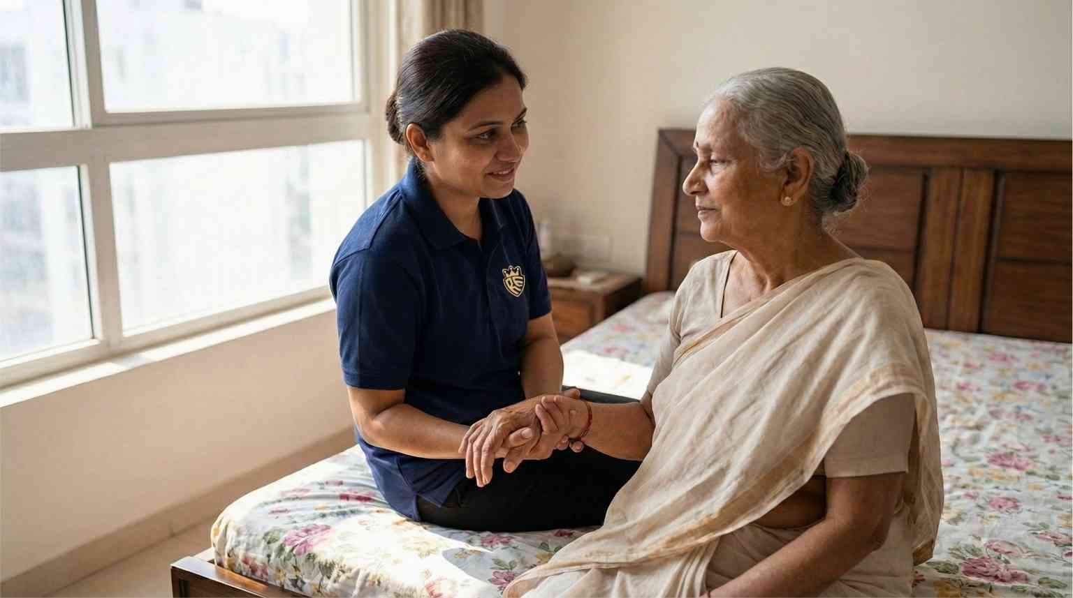 Patient care attendant in Noida checking blood pressure of elderly patient at home