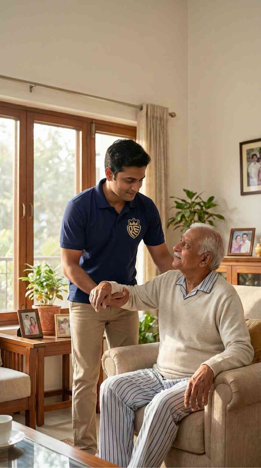Patient care attendant assisting an elderly person in a wheelchair at a Faridabad residence