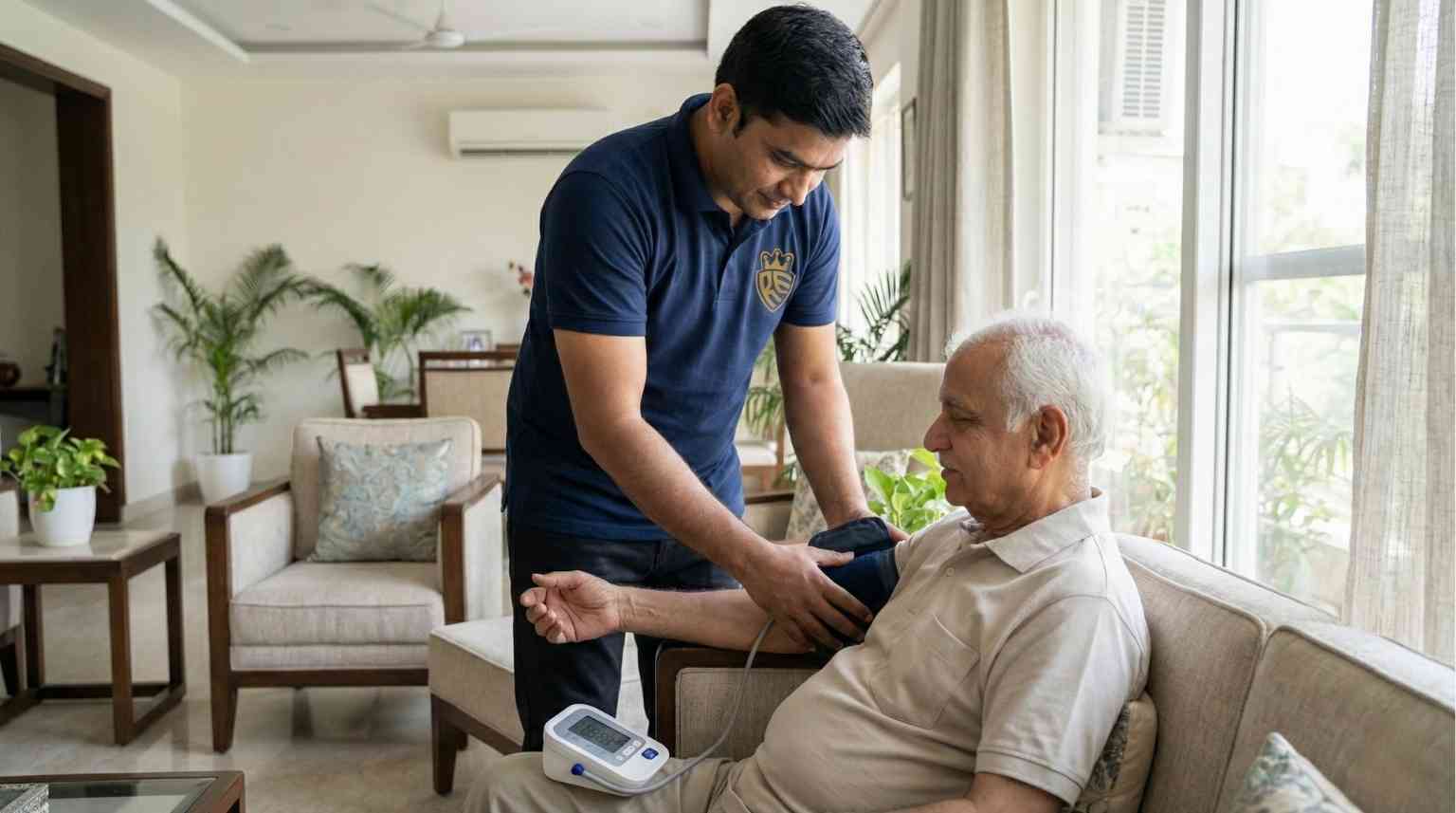 Patient care taker checking blood pressure during elder care job in Delhi