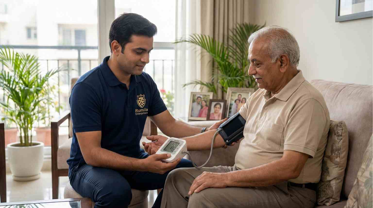 Patient care taker checking blood pressure at home in Ghaziabad 