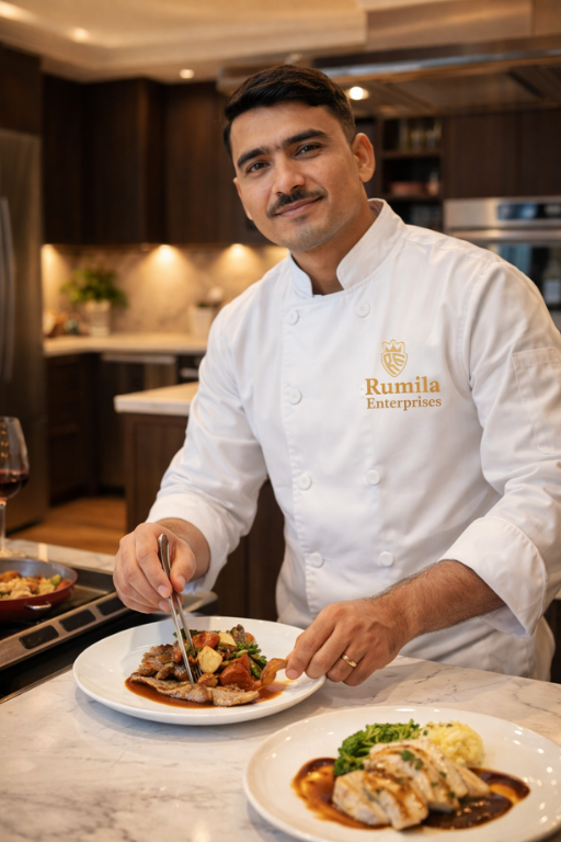 Professional chef job in Delhi wearing chef uniform for Rumila Enterprises