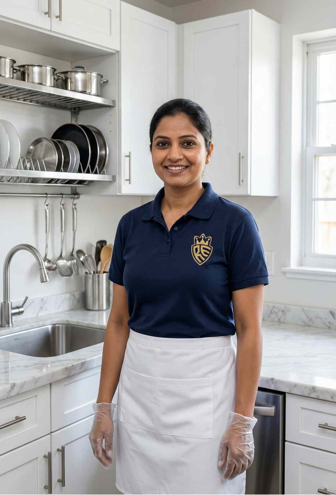 Indian home cook working in a modern Delhi kitchen wearing Rumila Enterprises uniform