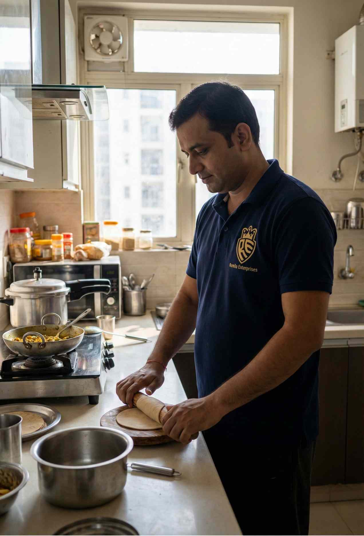 Home cook job in Gurugram preparing roti and sabzi in a modern apartment kitchen with Rumila Enterprises