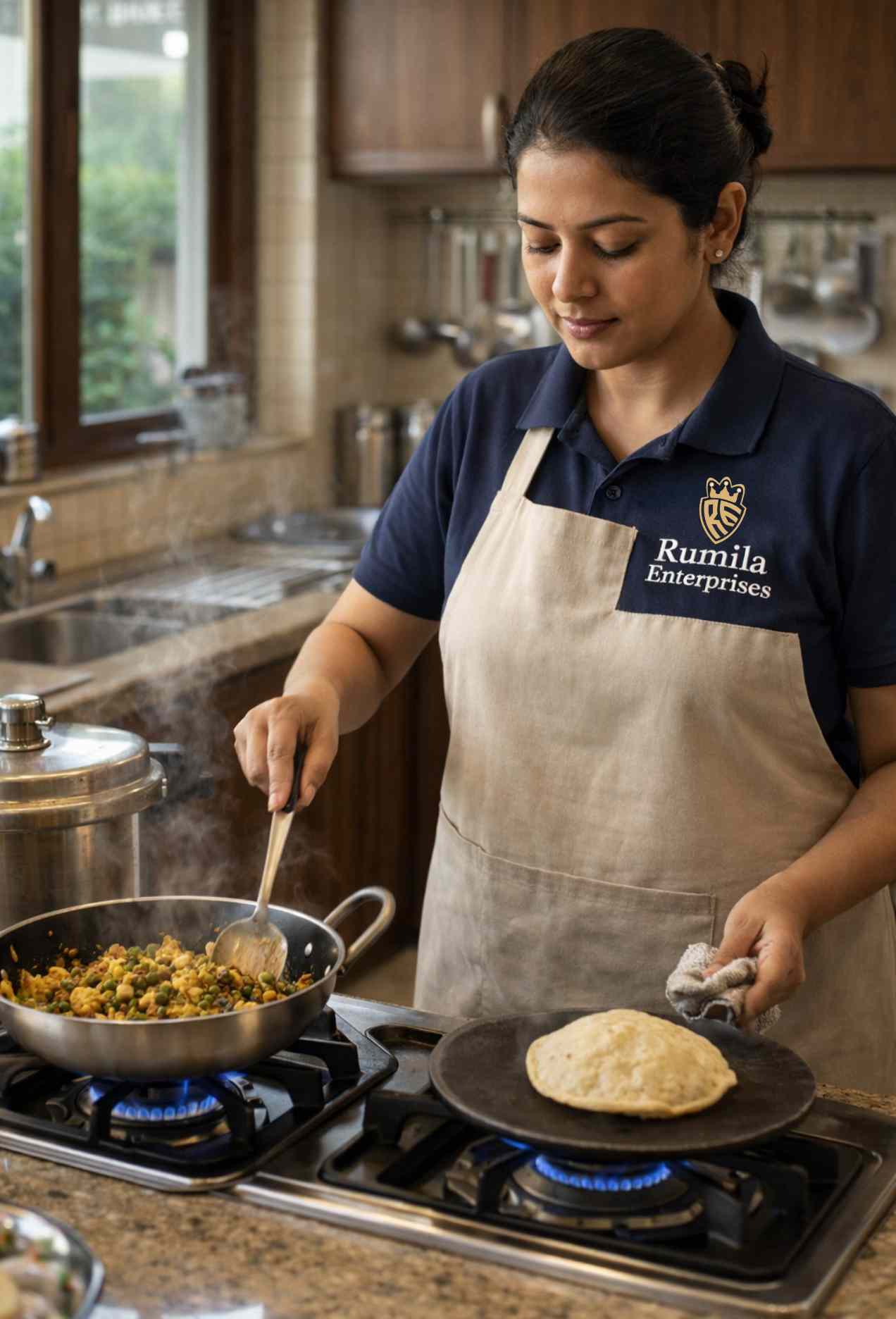 North Indian cook job in Faridabad preparing roti and sabzi in a residential home kitchen with Rumila Enterprises